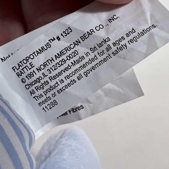 North American Bear Co 9” Rattle Flatopotamus Blue Hippo Plush 1992 NEW with TAG - Picture 6 of 7